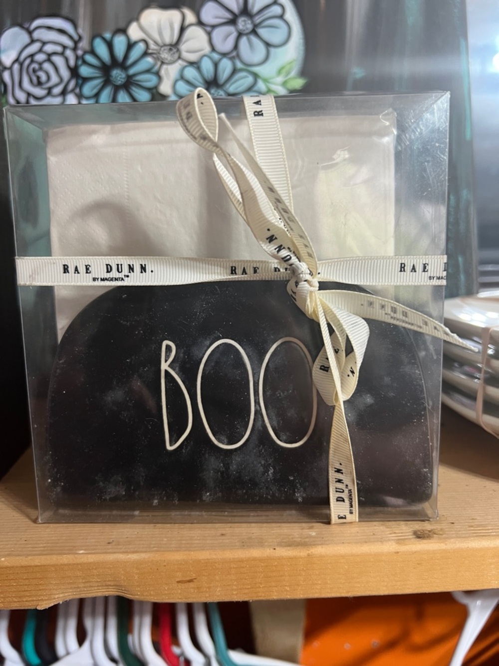 Rae Dunn Black Ceramic 'BOO' Napkin Holder Gift Set